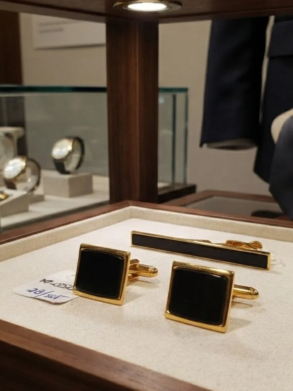 Vintage 14K Gold-Plated Brass Black Enamel Tie Clip & Cufflinks 3 Pc Set